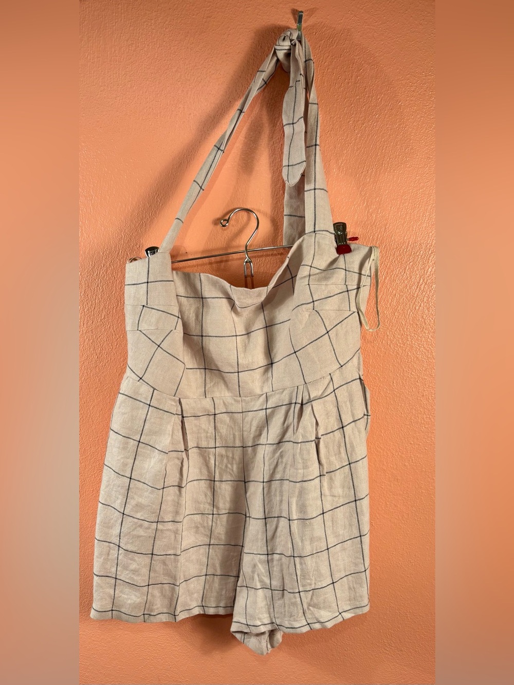 RUMER 100% Linen Plaid Halter Romper XL NWT